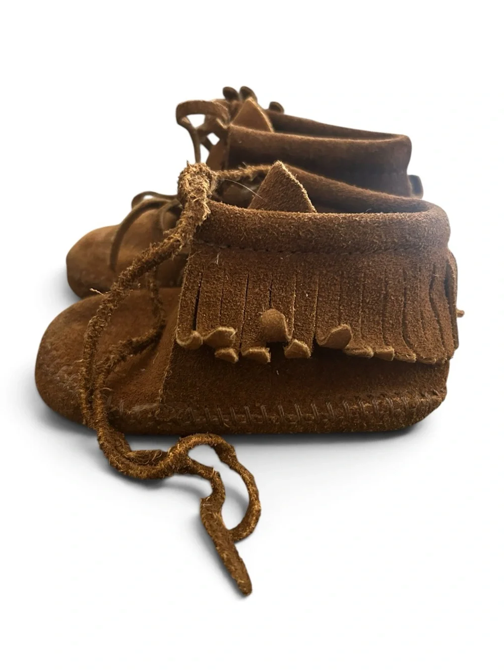 Vintage 7.5 Toddler Brown Suede Moccasin Booties with Fringe